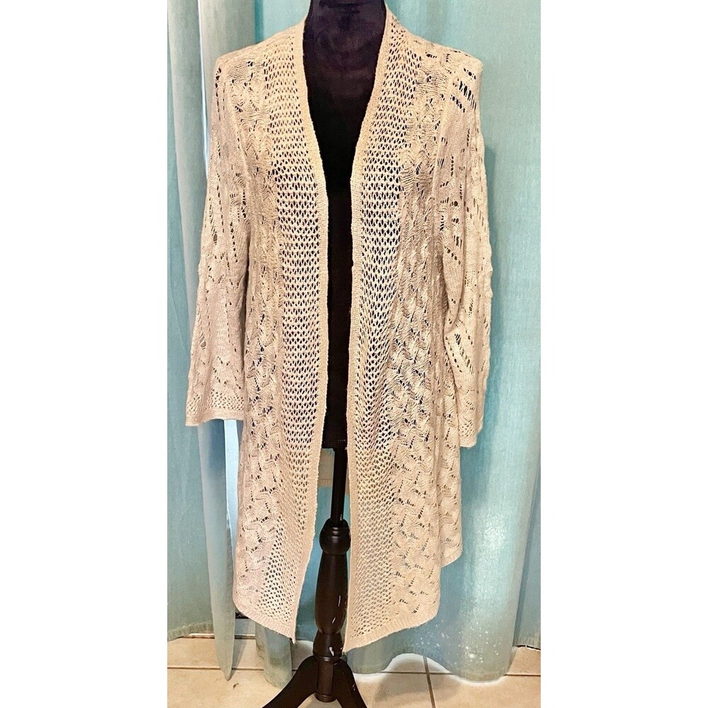Women's Open Front Lace Cardigan Beige Size XL Crochet Boho Retro Hannah - Picture 11 of 16